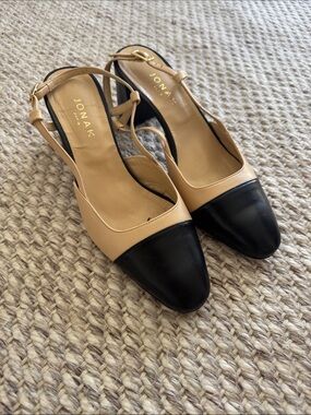 Jonak Paris Beige and Black Slingback Flats with Cap Toe